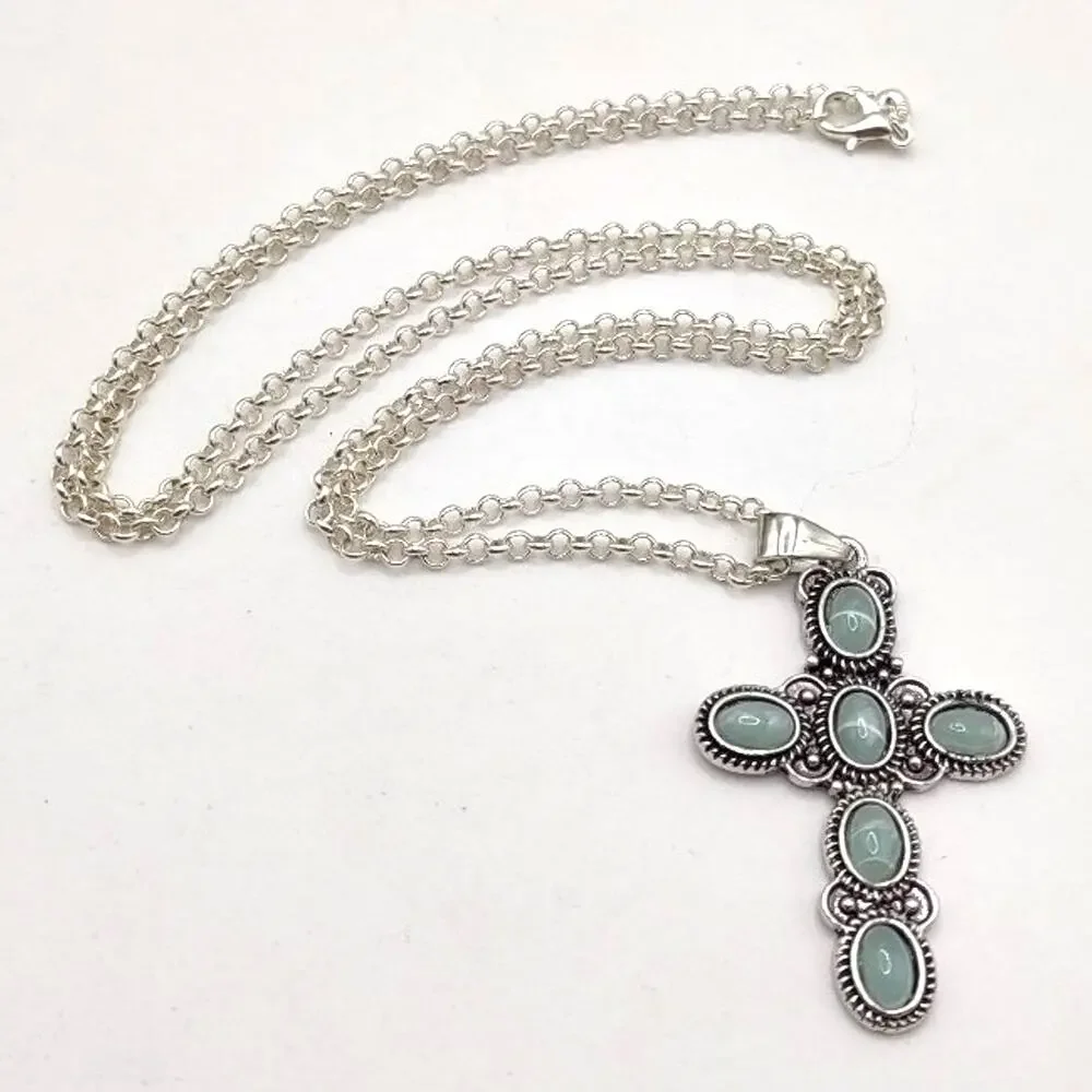 925 Silver Necklace W/ Turquois Cross BOHO Vintage Western Fashion Birthday Gift